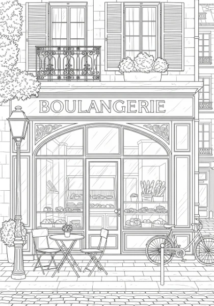 Immerse yourself in the charm of a classic French storefront with this delightful printable coloring page. Perfect for adults, it's a wonderful way to relax and bring a beautiful European scene to vibrant life.