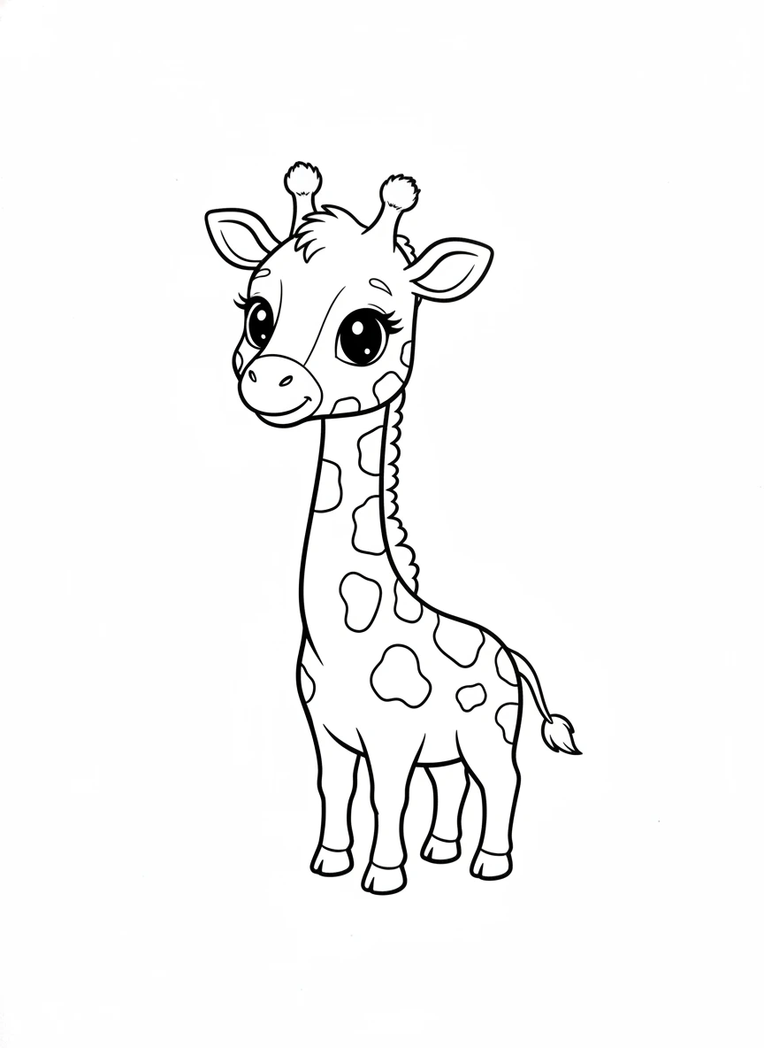 Download and print this adorable cute giraffe coloring page! Perfect for toddlers and kids who love baby animals. A fun and easy activity for creative minds.