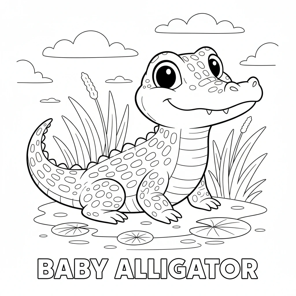 Color this adorable baby alligator with a friendly smile, perfect for little artists to bring to life.