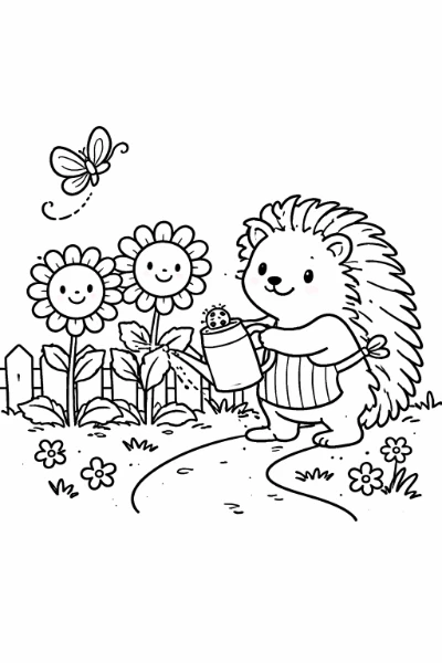 Printable coloring page featuring a cheerful hedgehog in a striped apron, watering sunflowers beside a white picket fence. Print and color this cozy garden scene for kids and adults.