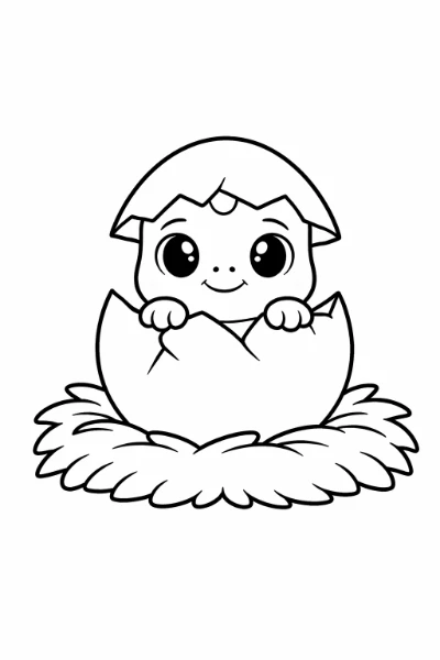 Print this adorable dinosaur egg coloring page featuring a tiny baby dinosaur peeking from a cracked eggshell on a nest. A fun, printable activity for kids and adults to color and relax.