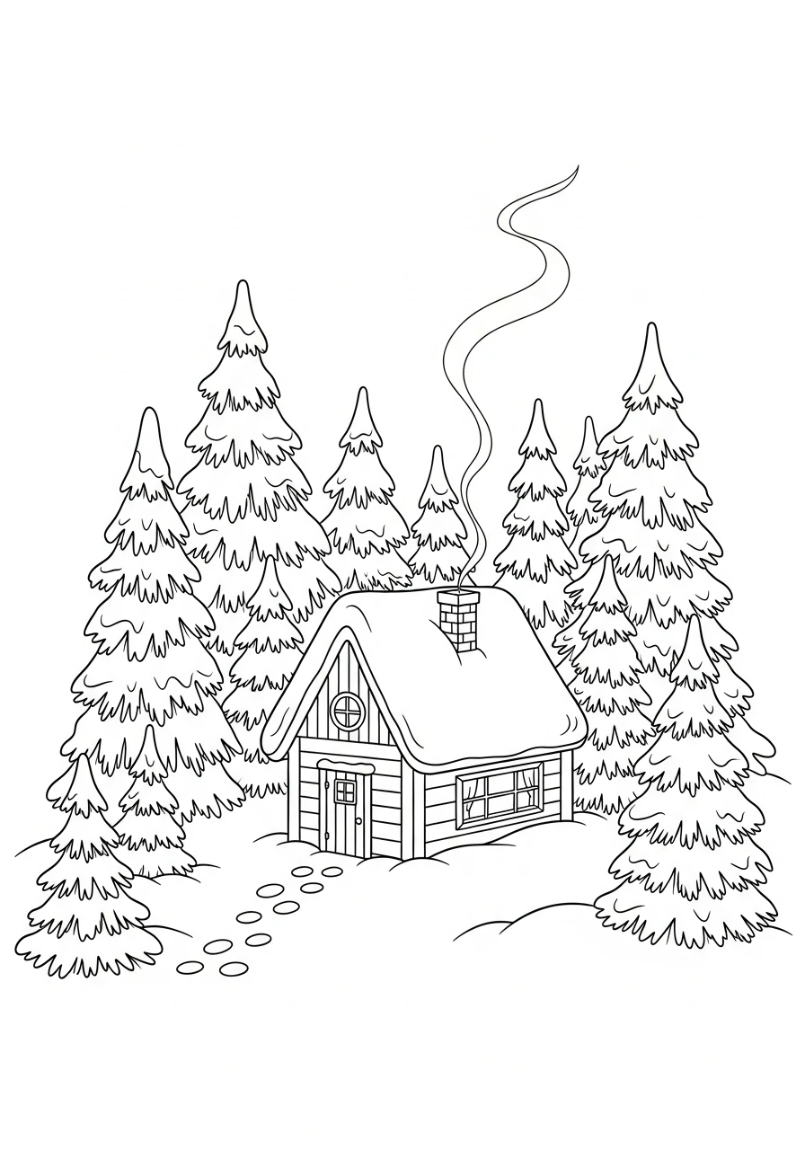 Get ready to color a beautiful snowy scene! This printable page features a cozy cabin with smoke from its chimney, nestled in a peaceful winter forest, perfect for kids to print and color.