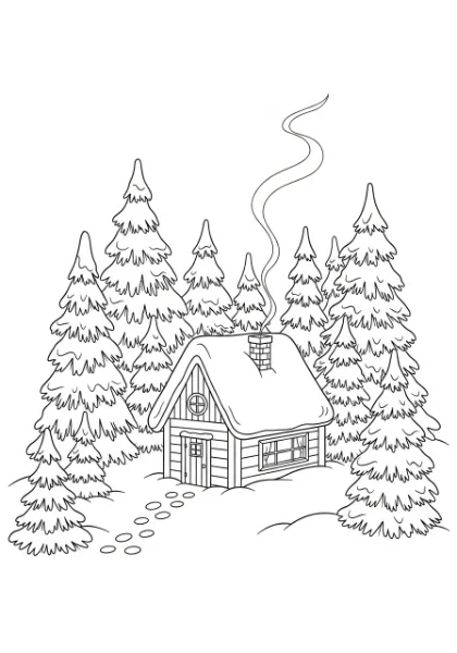 Get ready to color a beautiful snowy scene! This printable page features a cozy cabin with smoke from its chimney, nestled in a peaceful winter forest, perfect for kids to print and color.