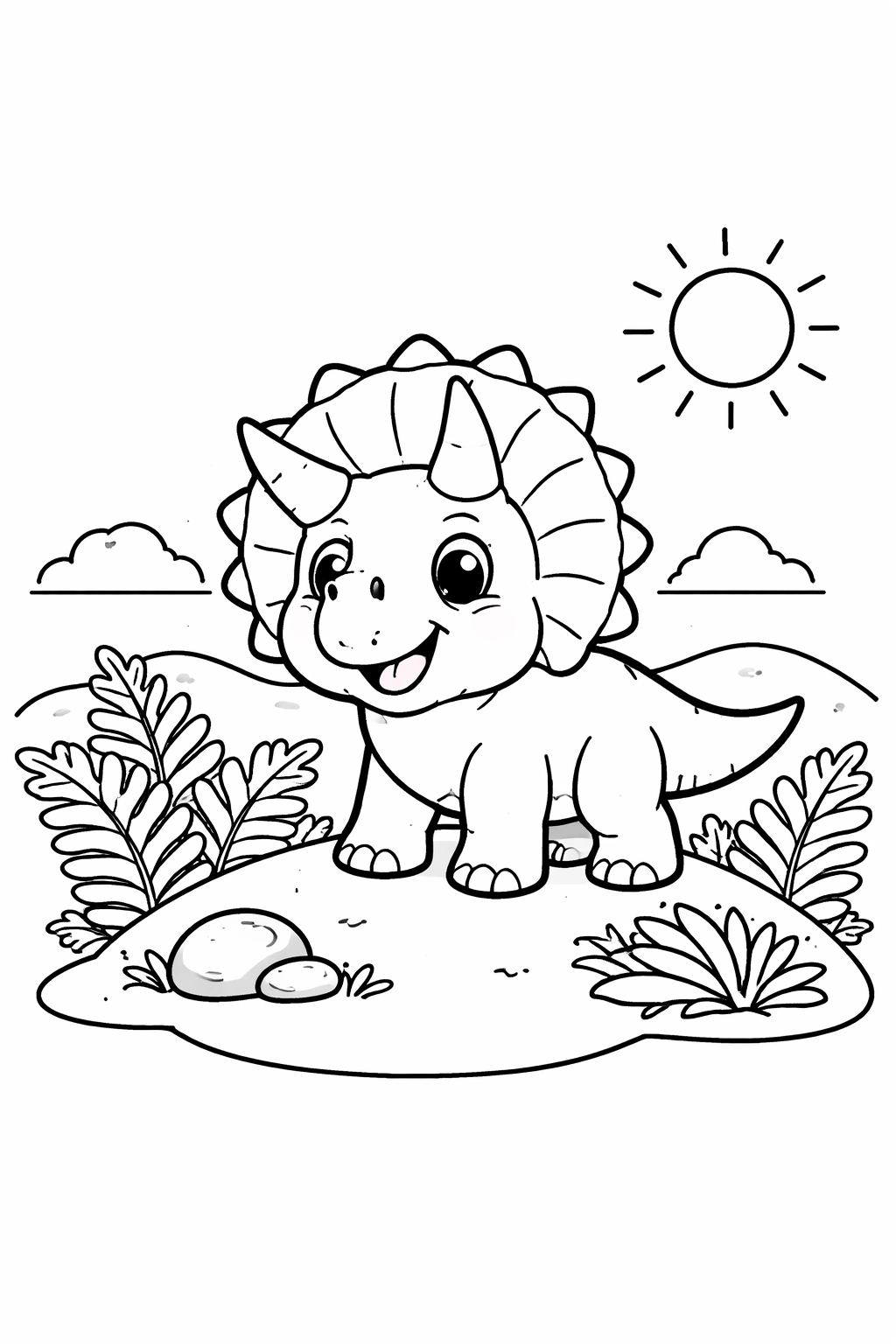 This printable coloring page features a friendly Triceratops in a sunny prehistoric meadow with bold, easy-to-color lines. Perfect for kids and adults to print, color, and enjoy.