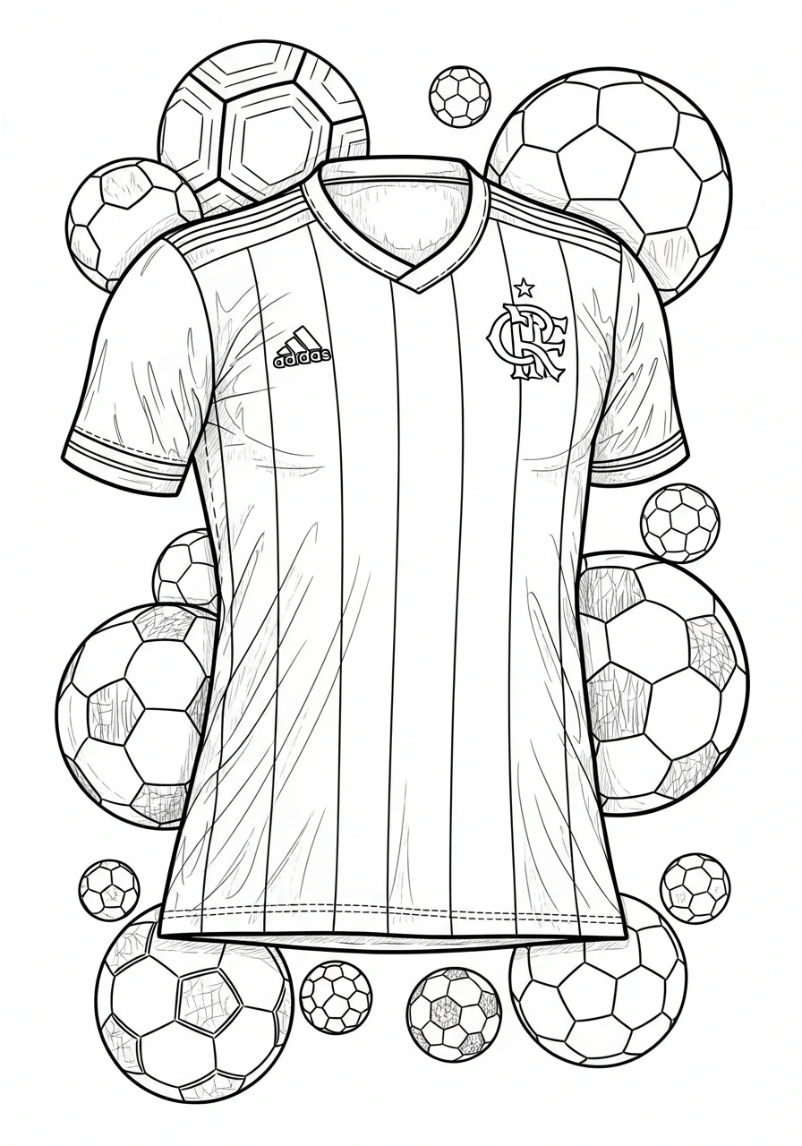 Get ready to color your favorite soccer team's jersey! This printable page features a Flamengo jersey surrounded by soccer balls, great for kids and adults to enjoy.