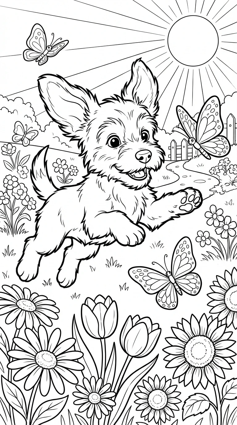 Bring this adorable puppy happily chasing a butterfly through a sunny garden to life with your favorite colors! Download and print this fun coloring page for kids and adults to enjoy.