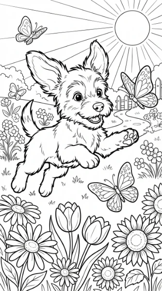 Bring this adorable puppy happily chasing a butterfly through a sunny garden to life with your favorite colors! Download and print this fun coloring page for kids and adults to enjoy.