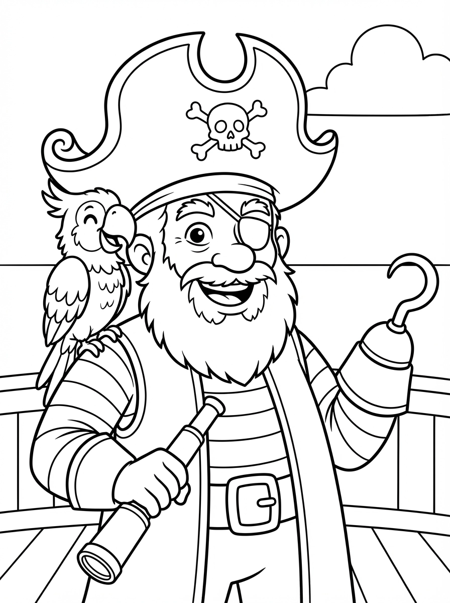 Embark on a coloring adventure with this friendly pirate captain, complete with his big hat and cheerful parrot! Print this fun page and bring the swashbuckling duo to life with your favorite colors.